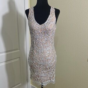 Nude Windsor mini dress with sparkly silver overlay. Size small